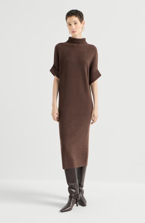 Cashmere rib knit mock neck dress