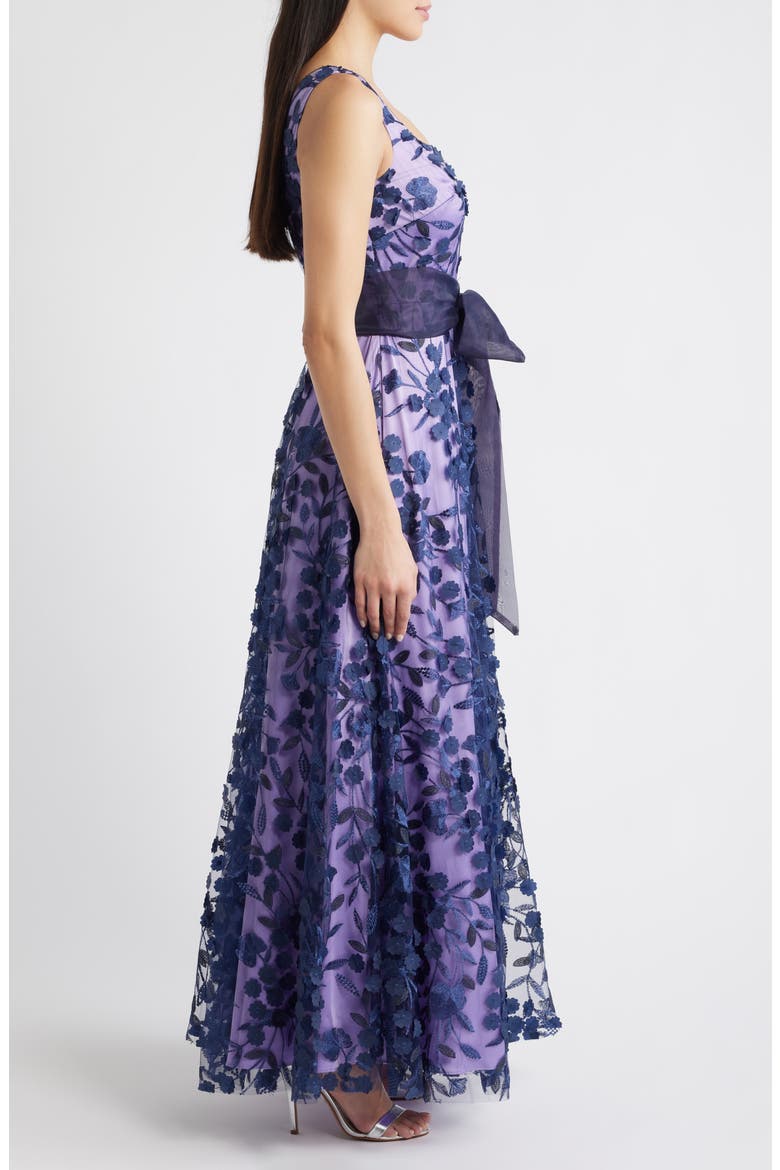 Embroidered Floral Illusion Ballgown, Alternate, color, NAVY LILAC