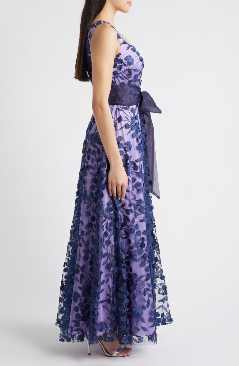 Eliza J Embroidered Floral Illusion Ballgown, Alternate, color, Navy Lilac