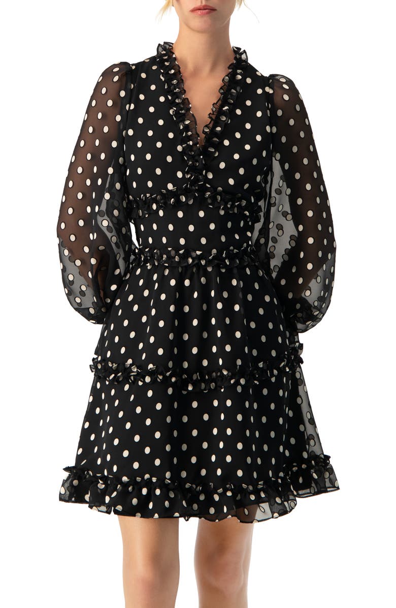 IVONNE Polka Dot Ruffled Short Dress, Main, color, Black