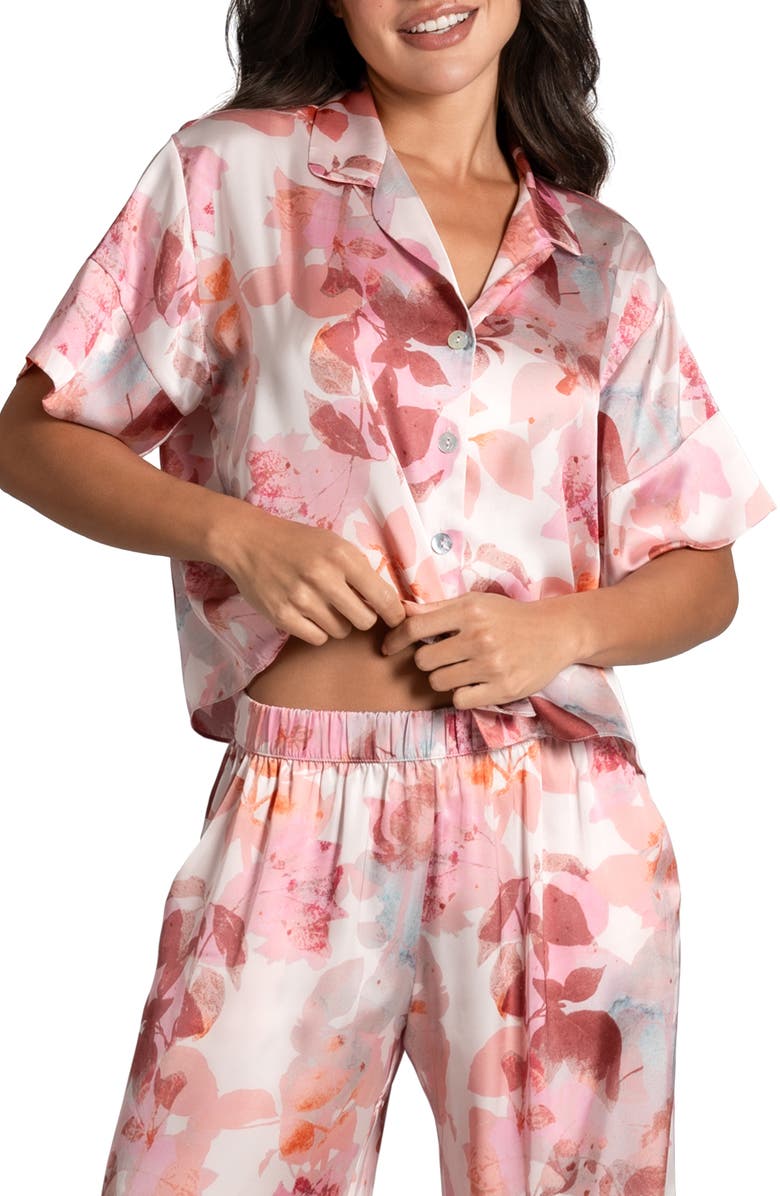Midnight Bakery Shadow Leaf Print Short Sleeve Satin Pajamas, Alternate, color, 
