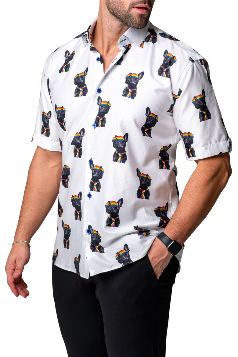 Galileo Glasses Dog Regular Fit Short Sleeve Button-Up Shirt, Alternate, color, WHITE