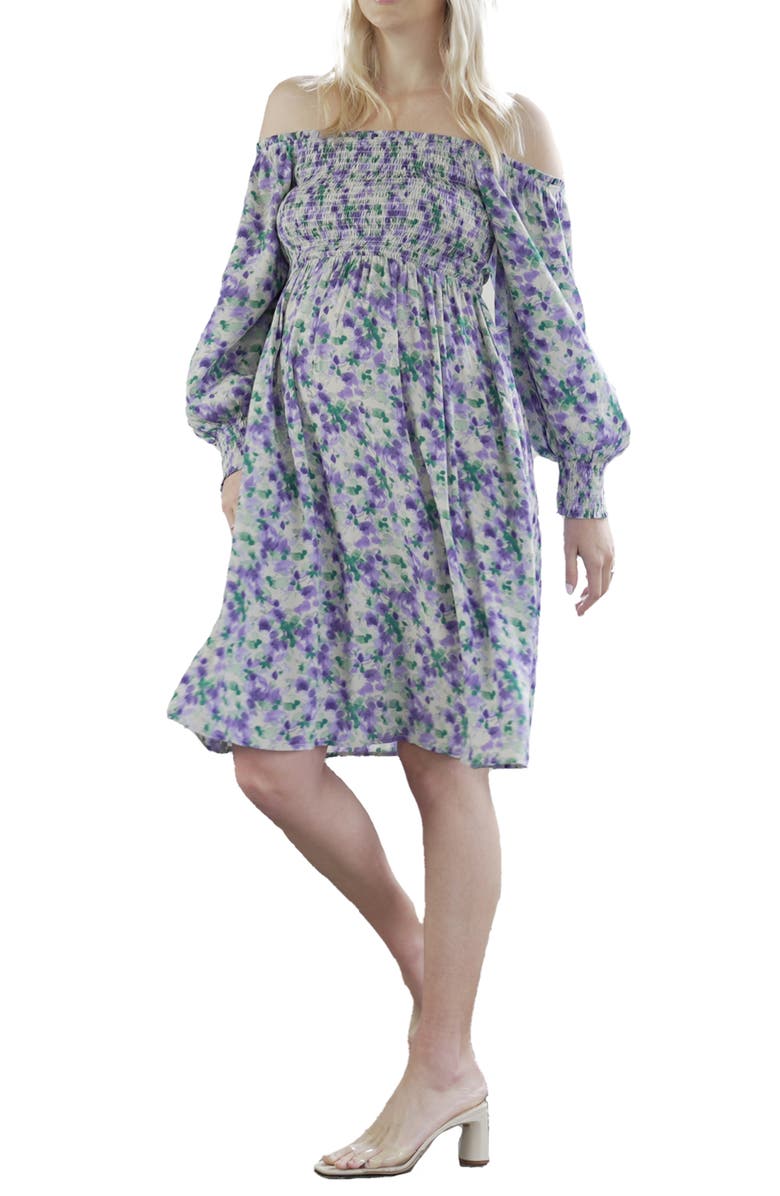 Angel Maternity Smocked Off the Shoulder Long Sleeve Maternity Dress, Alternate, color, Purple Flora
