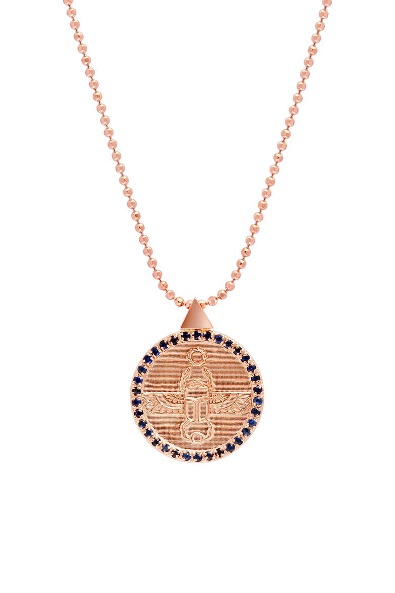 Scarab Transformation Coin Pendant Necklace, Main, color, ROSE GOLD/ BLUE