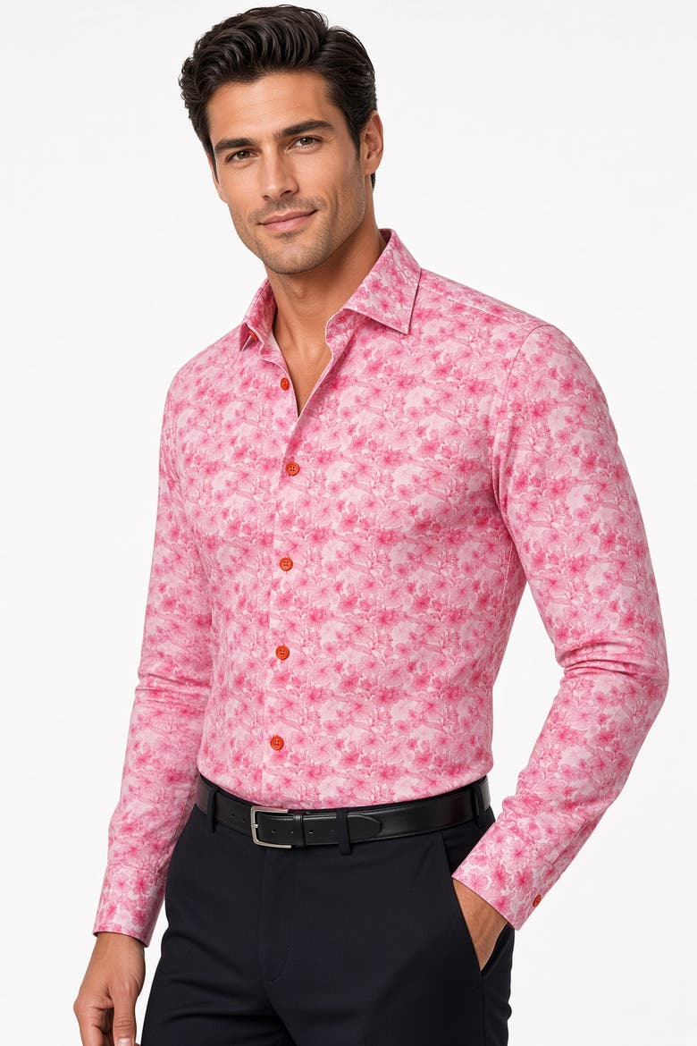 Riga Print Button-Up Long Sleeve Shirt, Alternate, color, Pink