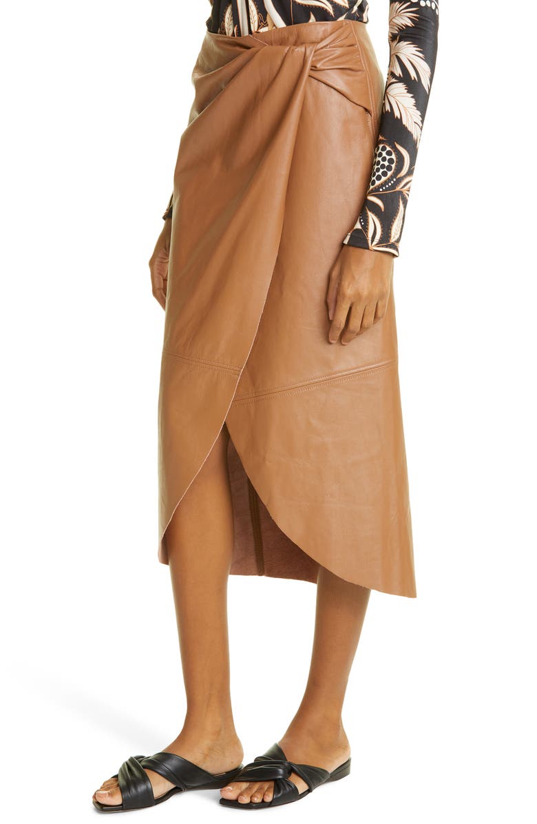 Johanna Ortiz Faux Wrap Leather Midi Skirt, Alternate, color, 