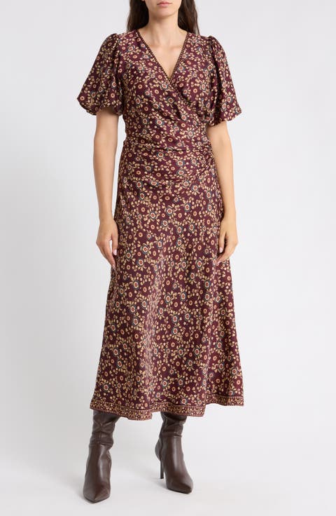 Surplice Neck Balloon Sleeved Midi Dress