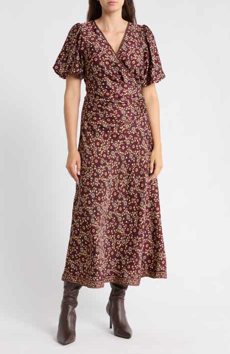Surplice Neck Balloon Sleeved Midi Dress