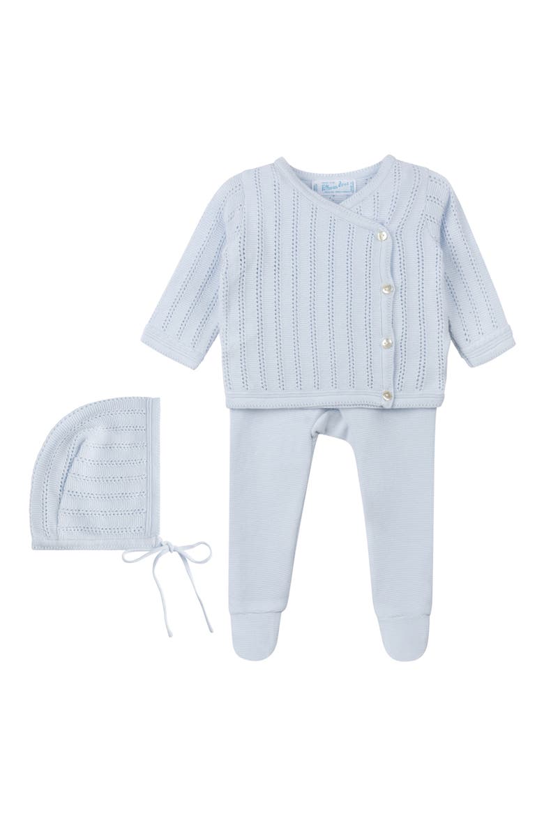 Pointelle Knit Cotton Bonnet, Wrap Sweater & Footed Leggings Set, Main, color, BLUE