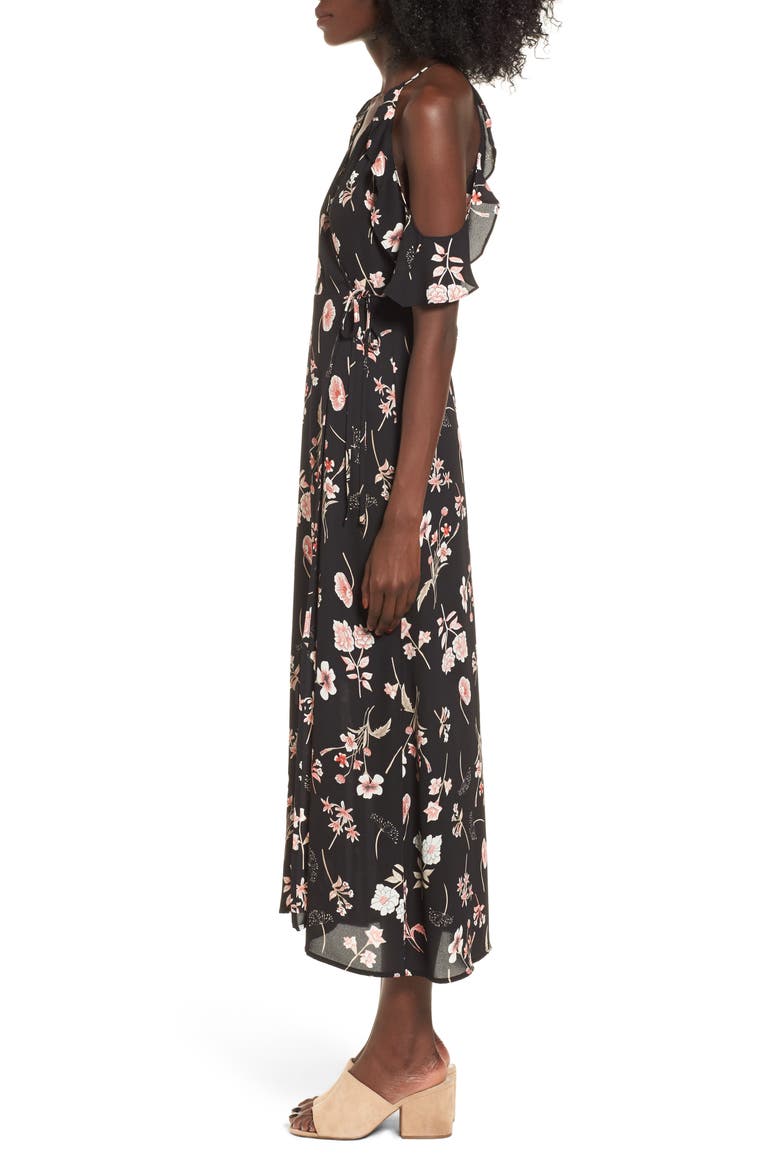 Floral Cold Shoulder Midi Dress, Alternate, color, BLACK BLUSH FLORAL
