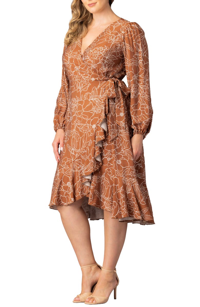 Kiyonna Julia Long Sleeve Midi Wrap Dress, Alternate, color, Chocolate Floral Print