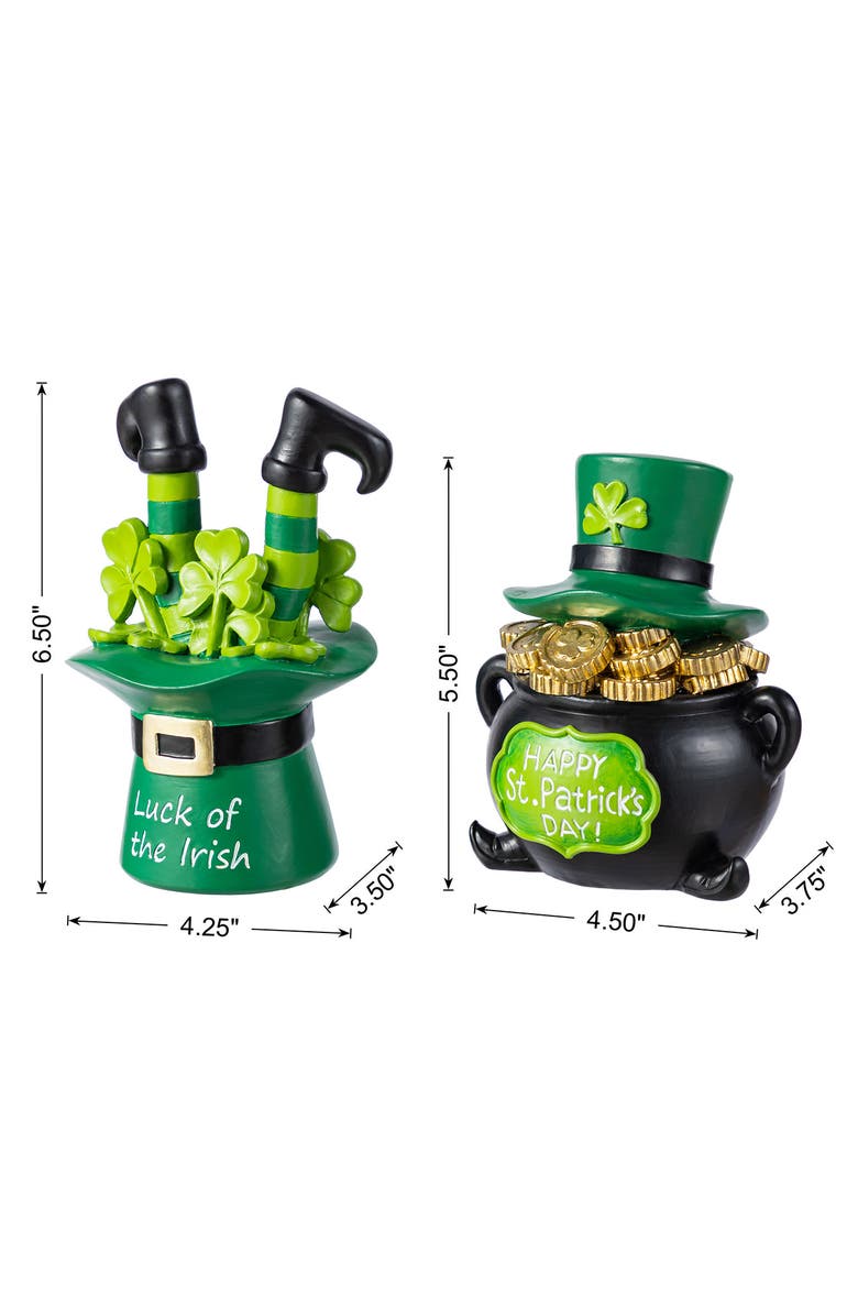 Glitzhome Set of 2 St. Patrick's Resin Pot of Gold & Leprechaun Hat Table Decor, Alternate, color, Green