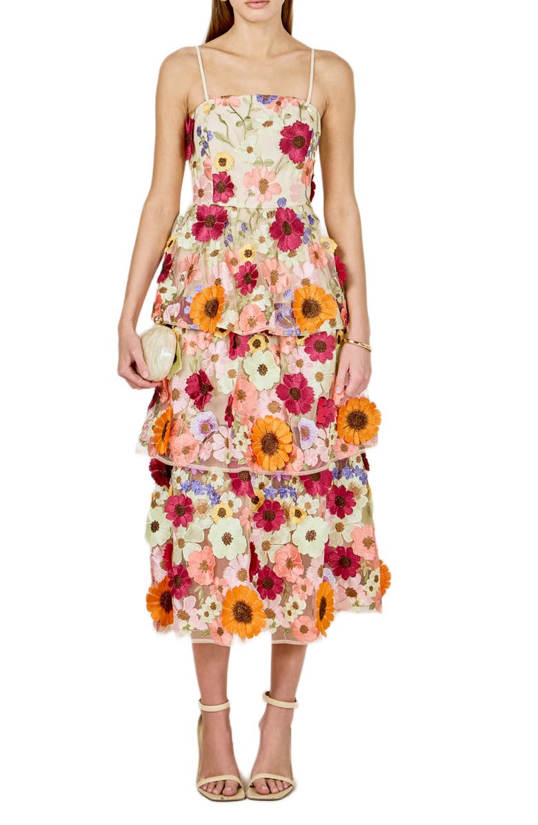 Endless Rose Embroidered Floral Tiered Dress, Main, color, Beige