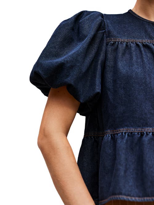 Ro&zo Denim Puff Sleeve Tie Neck Top In Blue