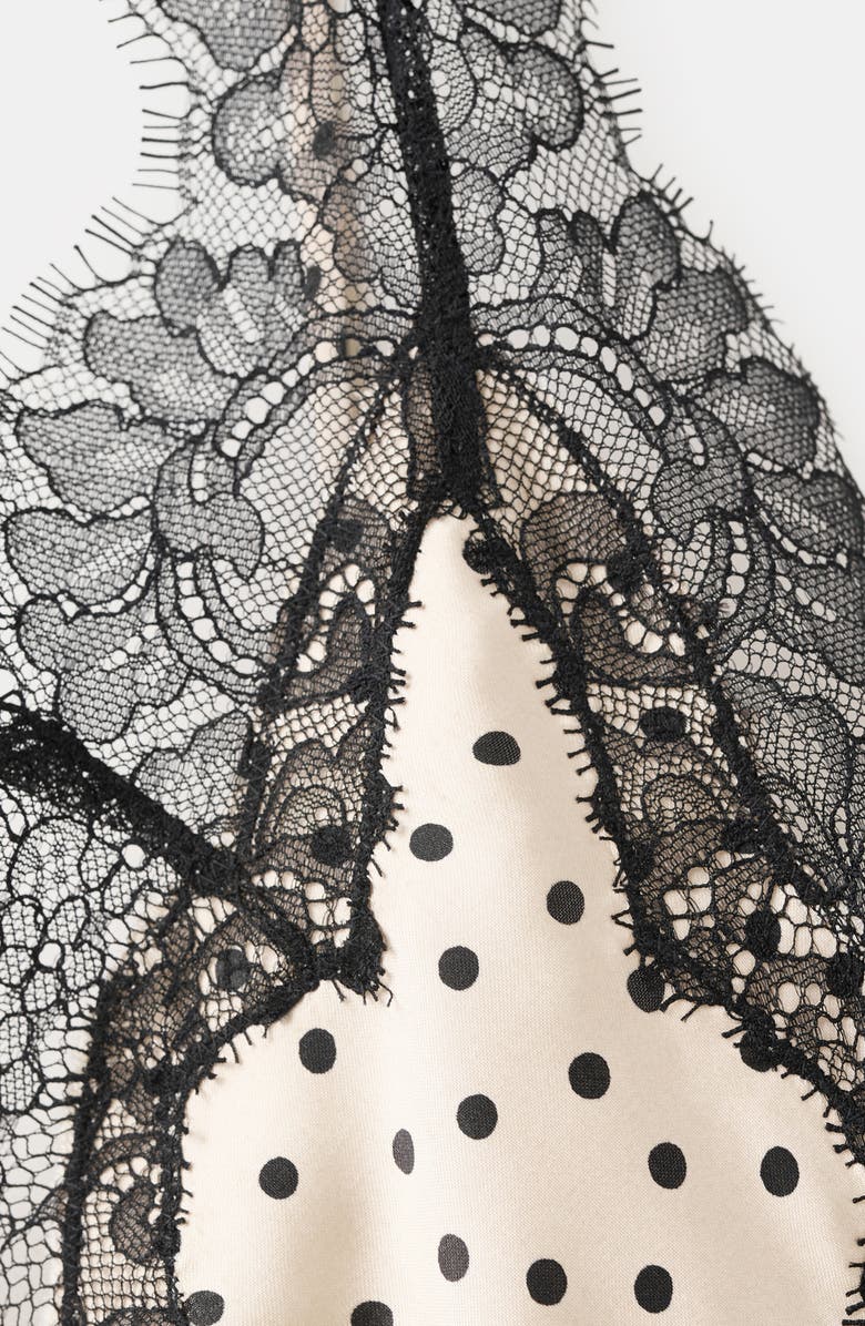 MANGO Silver Polka Dot Lace Trim Satin Top, Alternate, color, Ecru