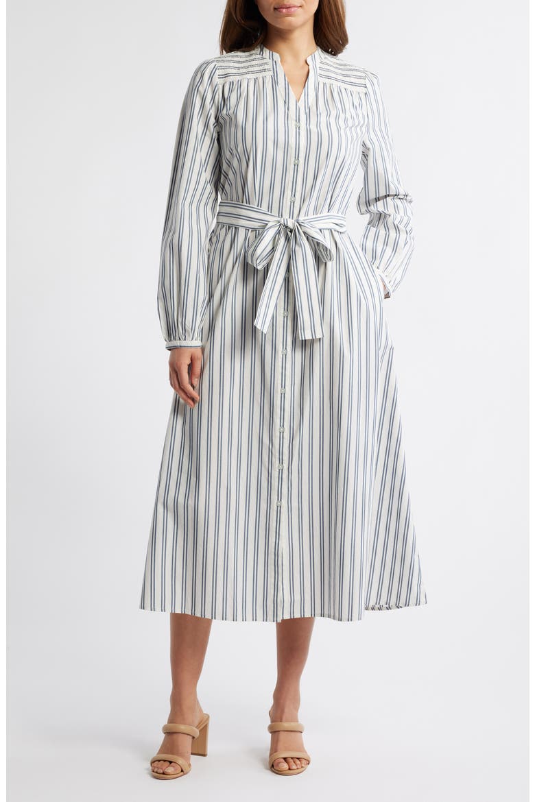 Smocked Shoulder Long Sleeve Cotton Midi Dress, Main, color, IVORY-BLUE ENSIGN SANDY STRIPE