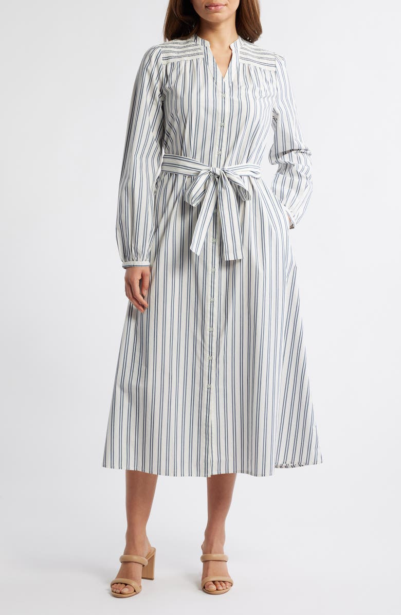 Caslon<sup>®</sup> Smocked Shoulder Long Sleeve Cotton Midi Dress, Main, color, Ivory-Blue Ensign Sandy Stripe