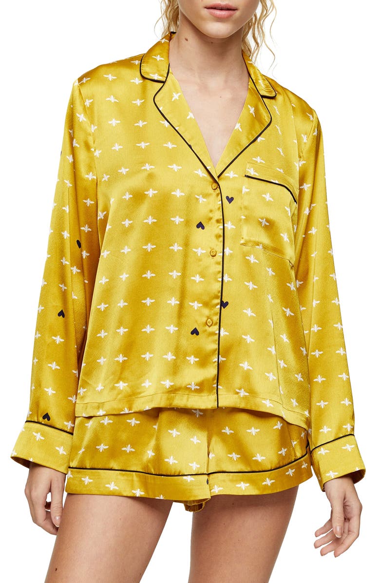 Topshop Bee Print Satin Short Pajamas, Main, color, 