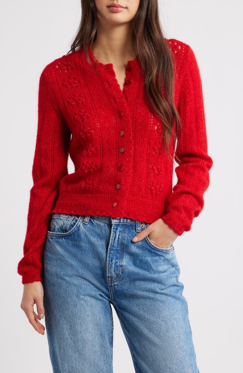 DÔEN Cosette Pointelle Cardigan, Main, color, Cerise Grosgrain Ribbon