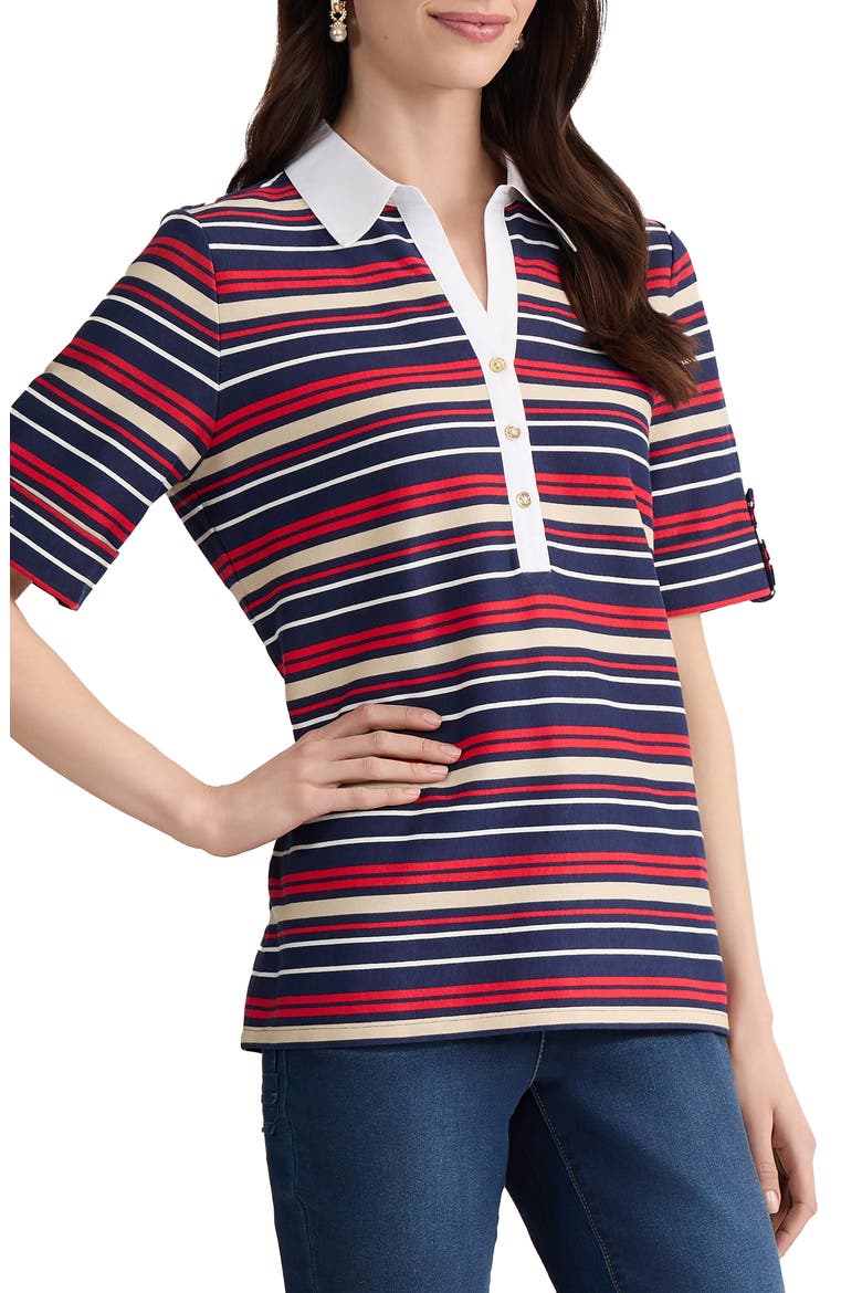 Stripe Roll Tab Cuff Polo, Alternate, color, PACIFIC NAVY MULTI