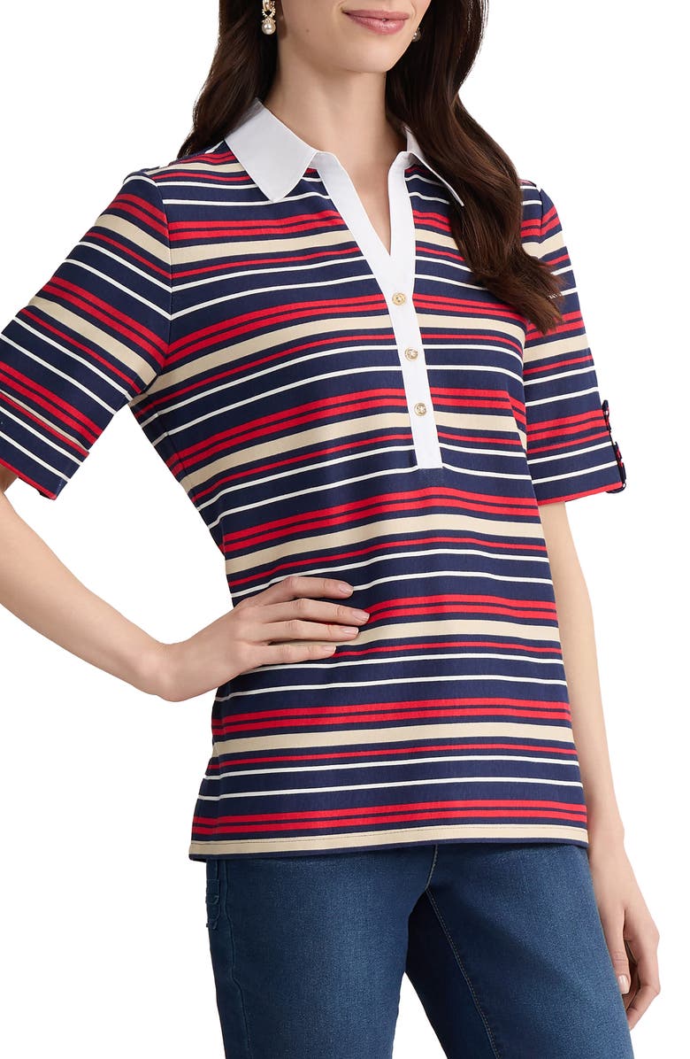 Jones New York Stripe Roll Tab Cuff Polo, Alternate, color, Pacific Navy Multi