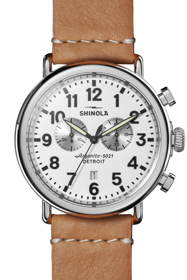 The Runwell Chrono Leather Strap Watch, 47mm, Main, color, WHITE