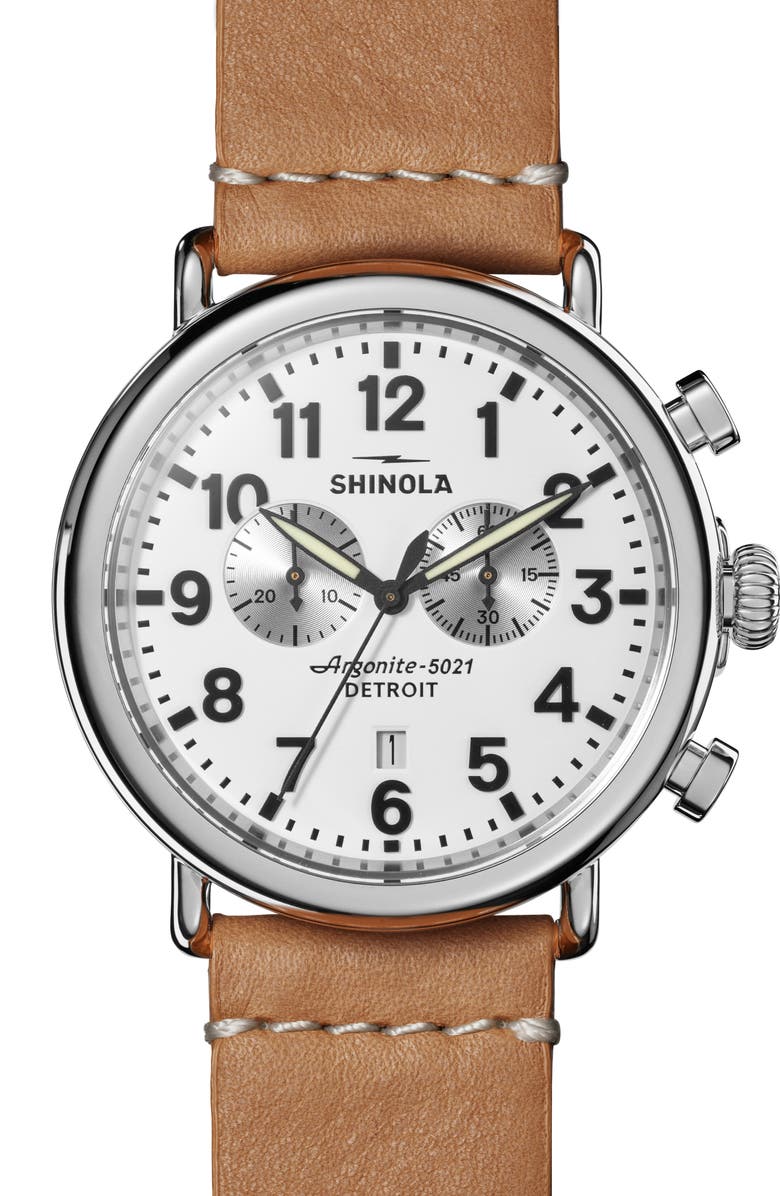 Shinola Runwell Chronograph Leather Strap Watch, 47mm, Main, color, Beige