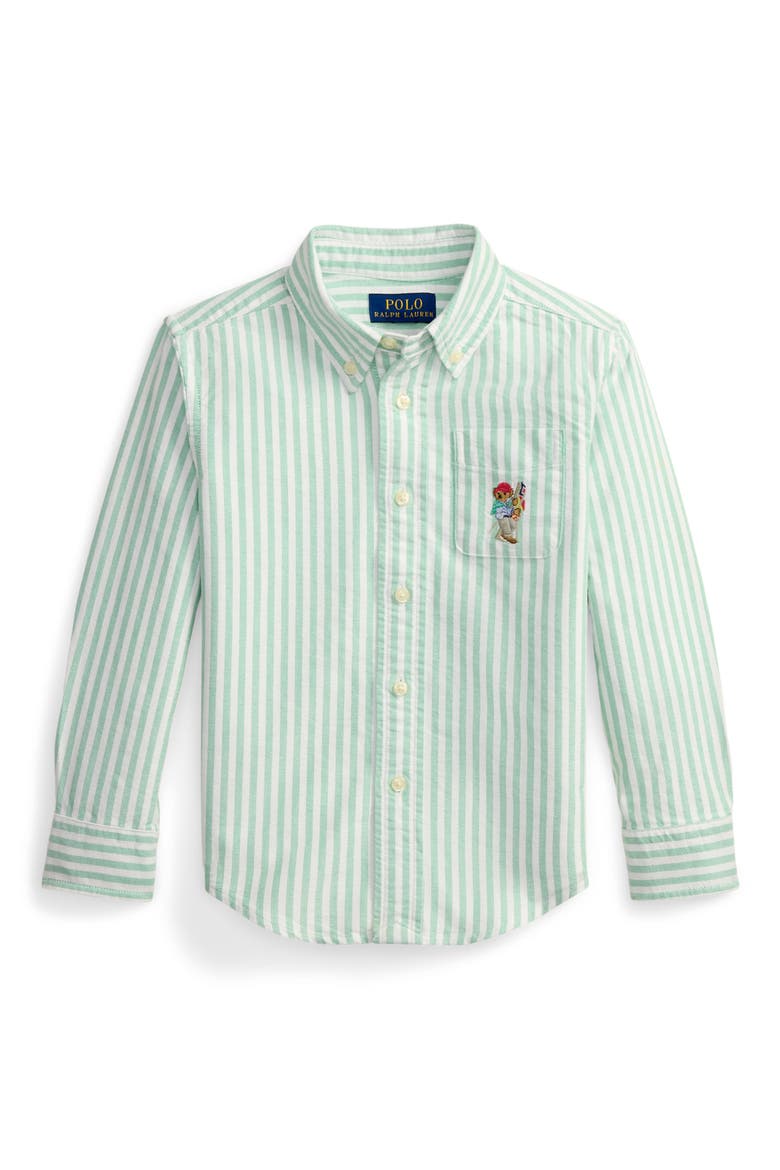 Kids' Stripe Embroidered Cotton Oxford Button-Down Shirt, Main, color, GREEN WHITE