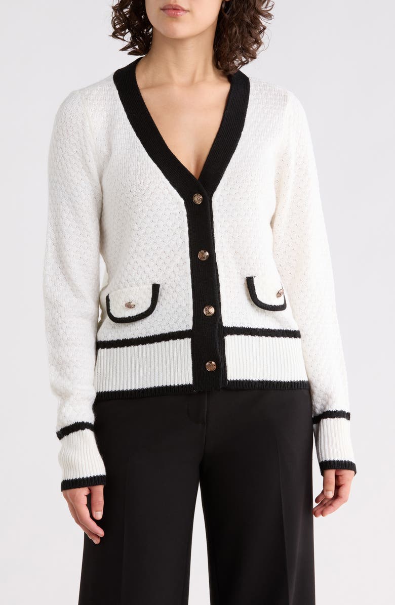 CYRUS Contrast Trim Boyfriend Cardigan, Main, color, Cream/ Black