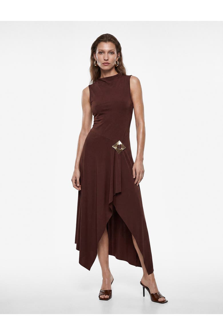Sleeveless High Neck Draped Midi Dress with Accessory Detail, Main, color, BROWN