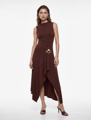Koton Sleeveless High Neck Draped Midi Dress with Accessory Detail