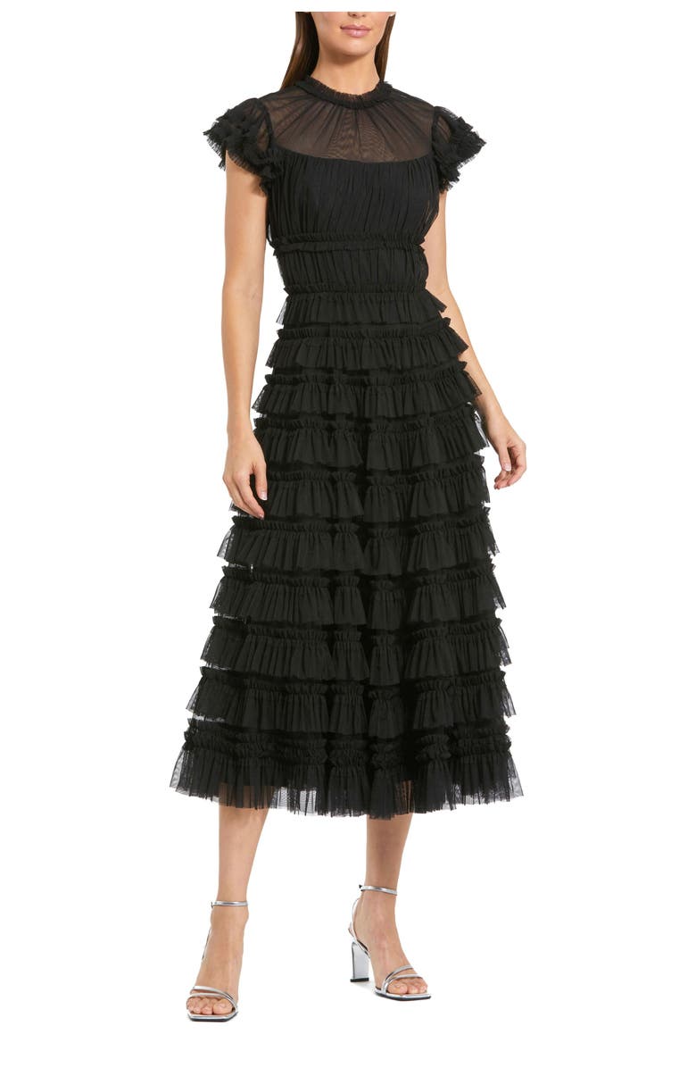 Mac Duggal Women's Ruffle High Neck Cap Sleeve Midi Dress, Main, color, Black