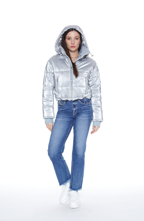 Blue Revival In The Mix Denim Shiny Puffer Jacket In Metallic Silver