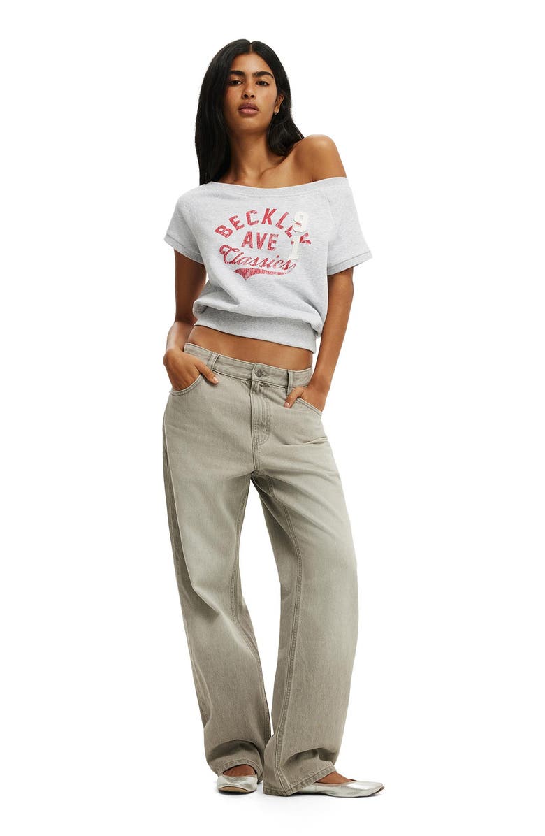Cotton On Women's Short Sleeve Off Shoulder Sweatshirt, Alternate, color, Soft Grey Marle Beckley