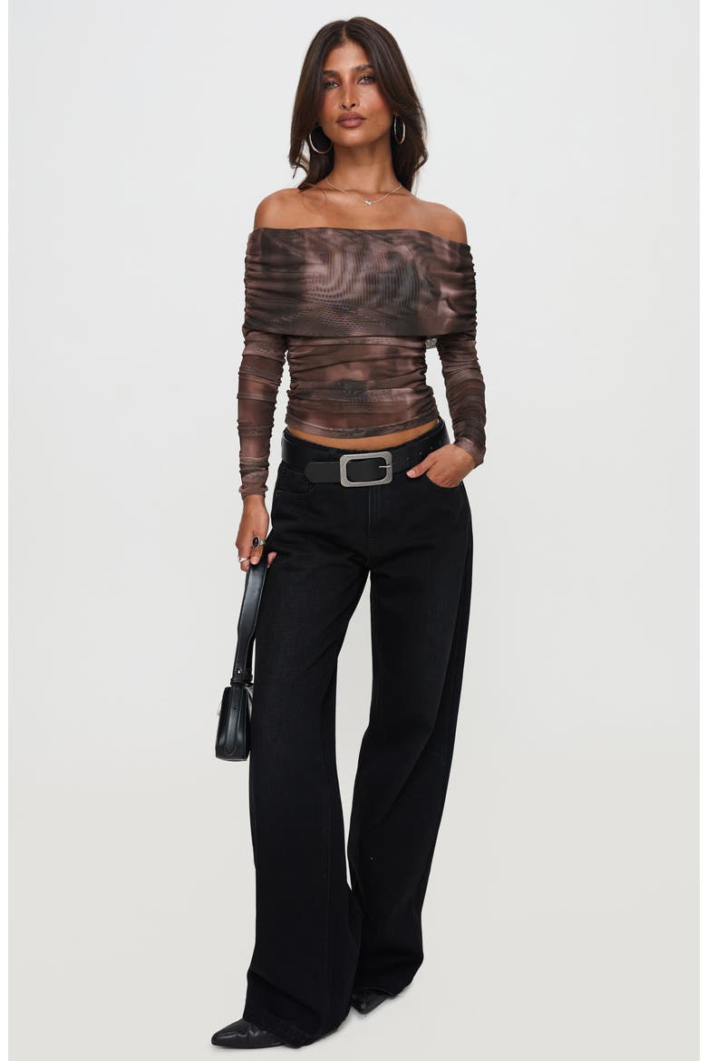 Good Taste Off the Shoulder Long Sleeve Mesh Top, Alternate, color, BROWN