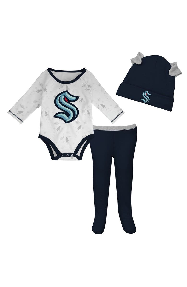 Outerstuff Newborn & Infant White/Deep Sea Blue Seattle Kraken Dream Team Hat Pants & Bodysuit Set, Main, color,
