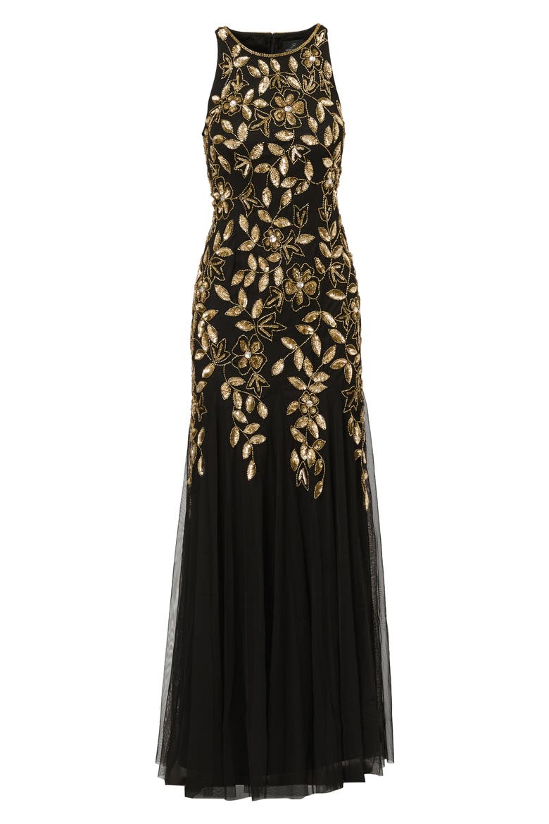 Embellished Mesh Gown, Alternate, color, BLACK/ GOLD