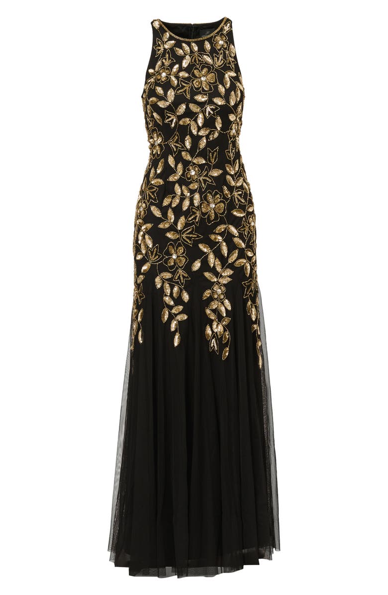 Adrianna Papell Embellished Mesh Gown, Alternate, color, Black/ Gold