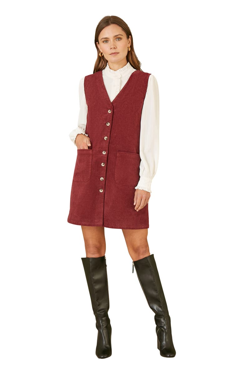 Yumi V-Neck Cord Pinafore Dress, Alternate, color, Burgundy