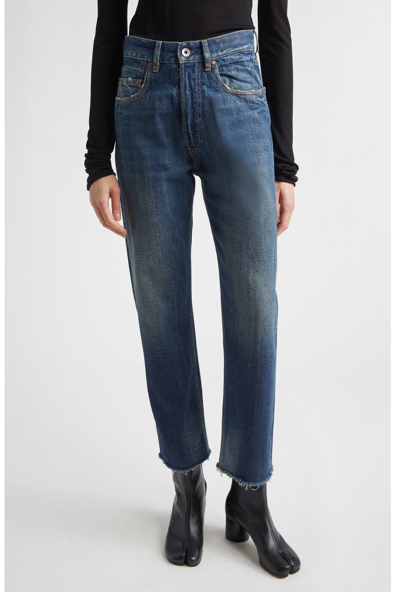 Distressed Raw Hem Straight Leg Jeans, Main, color, BLUE WASH