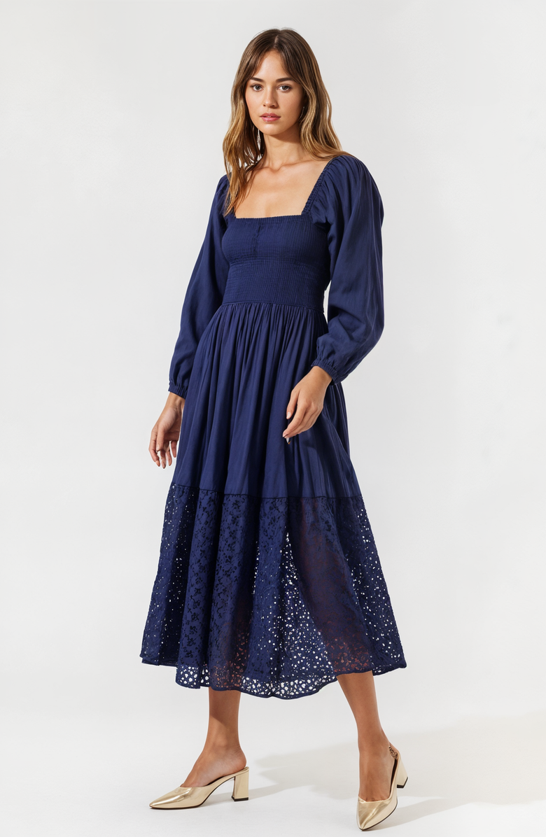 Modenaire Square-Neck Smocked Midi Dress with Long Sleeves and Eyelet Hem, Alternate, color, Navy Blue