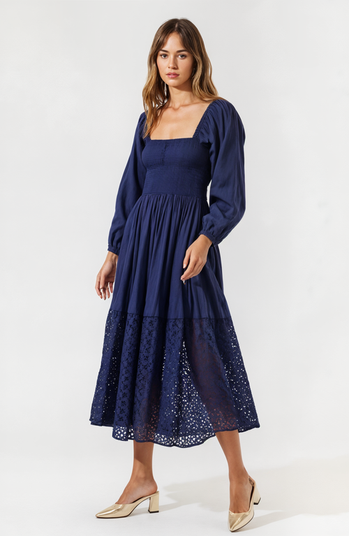 Modenaire Square-neck Smocked Midi Dress With Long Sleeves And Eyelet Hem In Navy Blue
