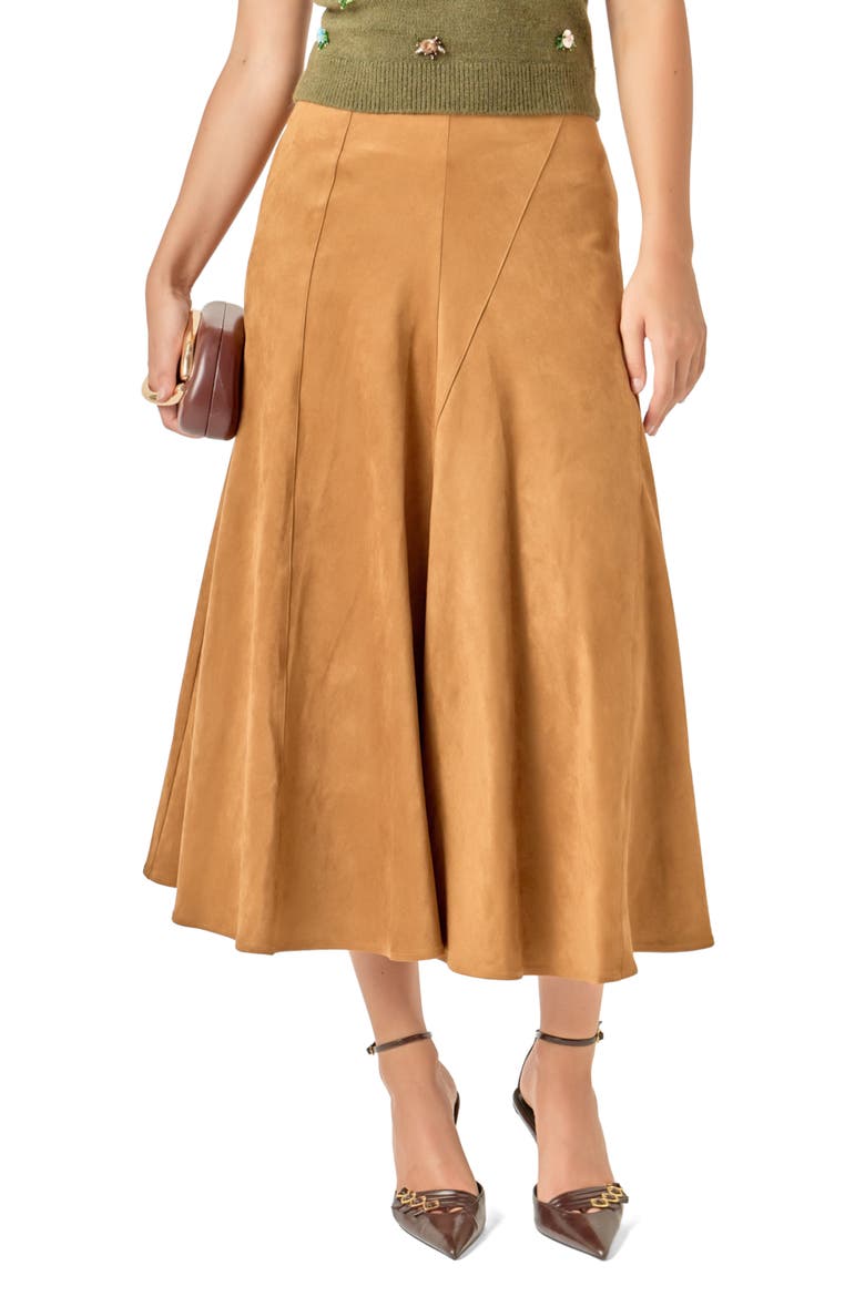 Faux Suede Flared Midi Skirt, Main, color, CAMEL