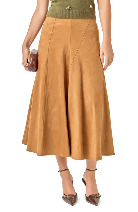 Faux Suede Flared Midi Skirt