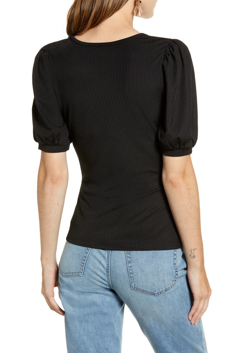 Ribbed Puff Sleeve Tee, Alternate, color, BLACK