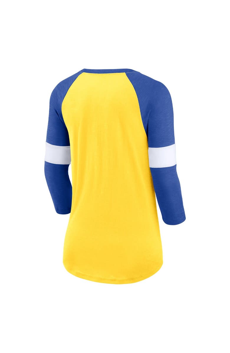Nike Women's Nike Los Angeles Rams Heather Gold/Heather Royal Football Pride Raglan 3/4-Sleeve T-Shirt, Alternate, color, 