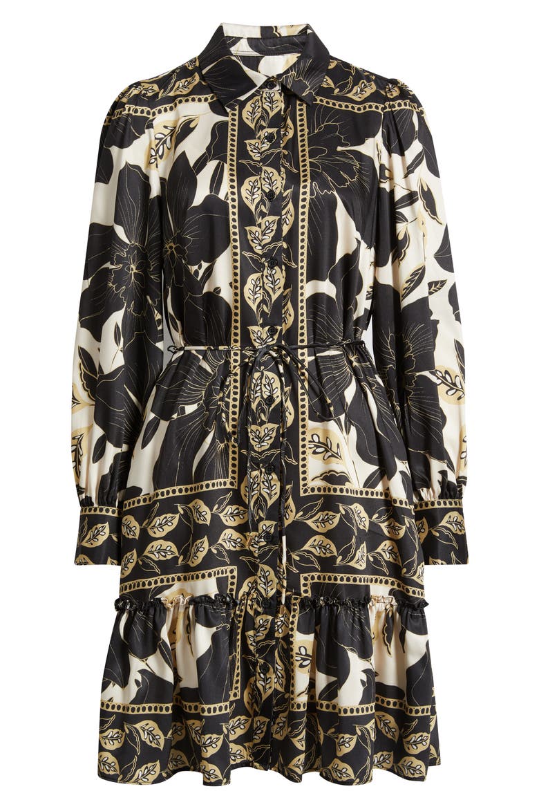 Long Sleeve Tie Belt Button-Up Shirtdress, Alternate, color, BLACK MULTI