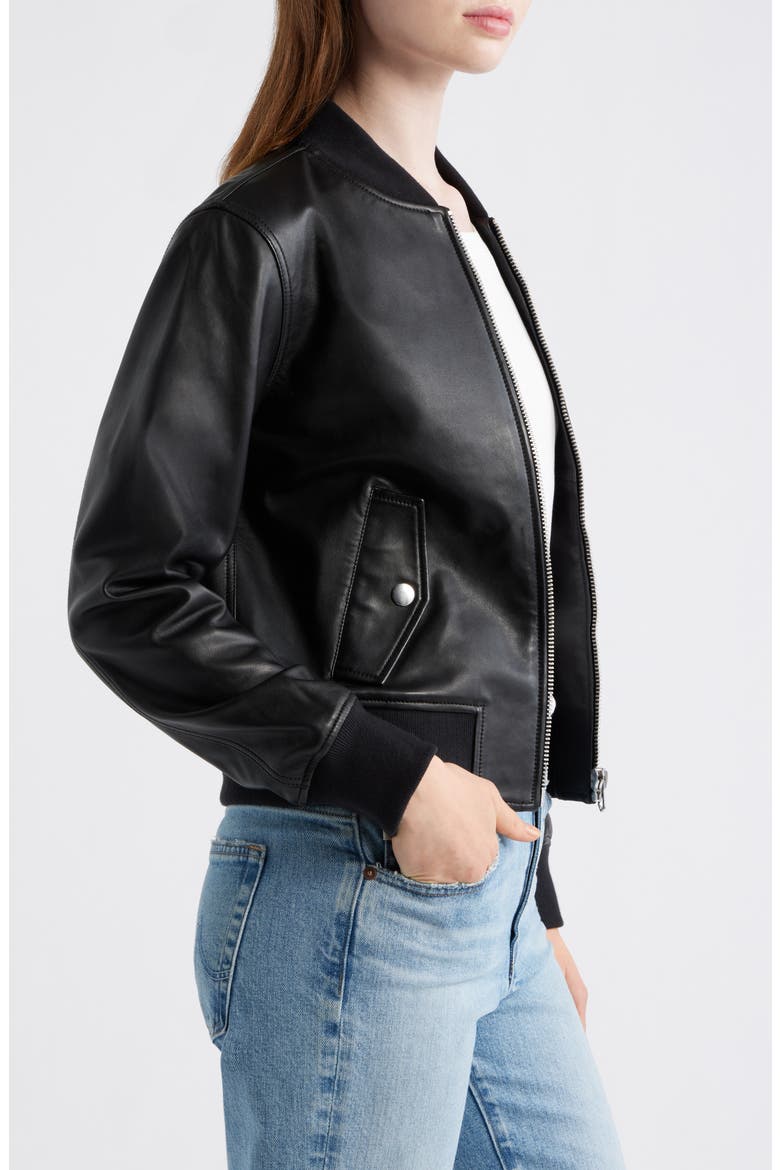 Shrunken Leather Bomber Jacket, Alternate, color, TRUE BLACK