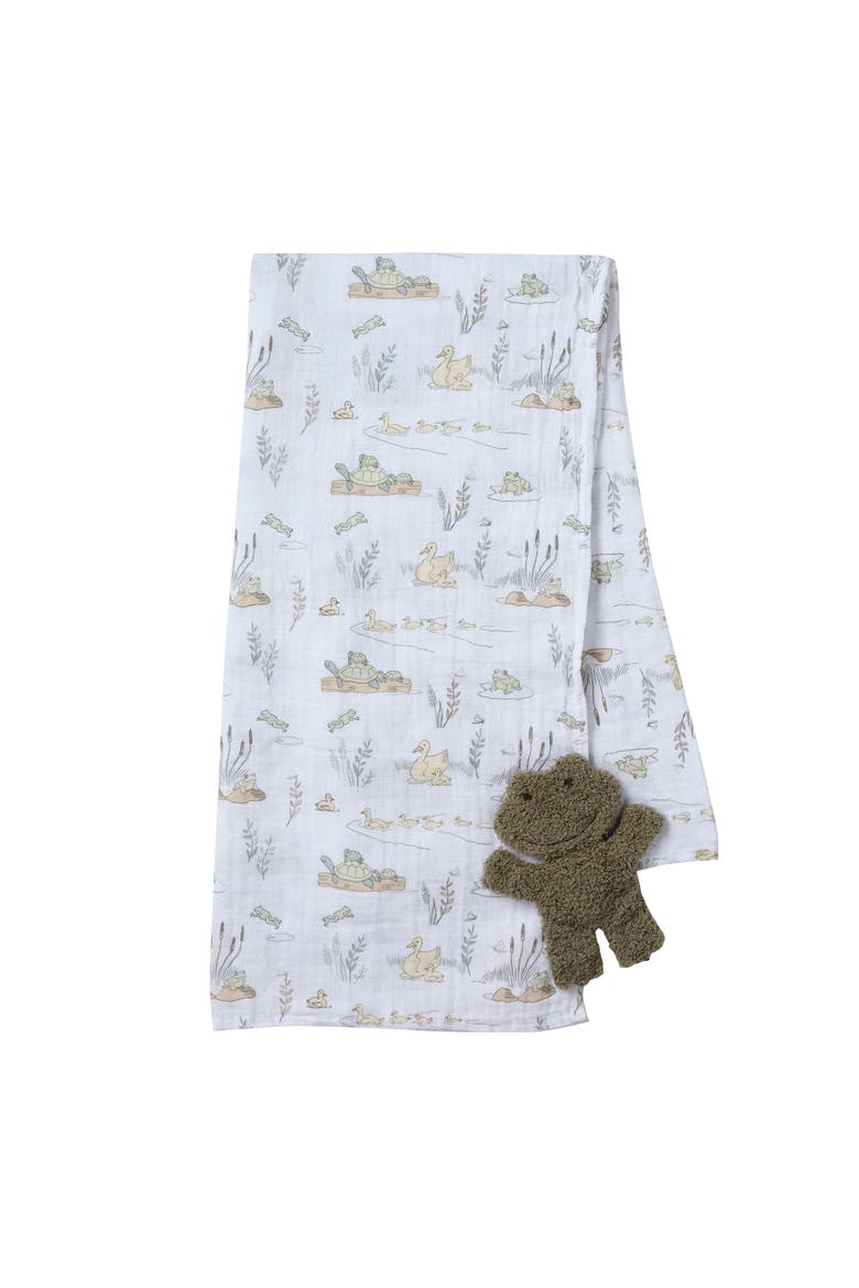 Froggy Cotton Muslin Swaddle Blanket w/ Lovey Baby Gift Set, Alternate, color, White