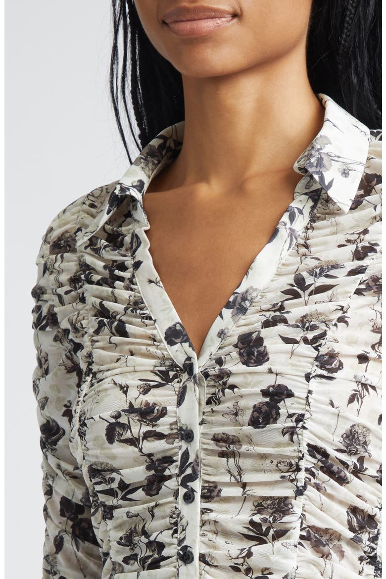Portia Floral Center Ruched Button-Up Shirt, Alternate, color, ARDEN FOREST
